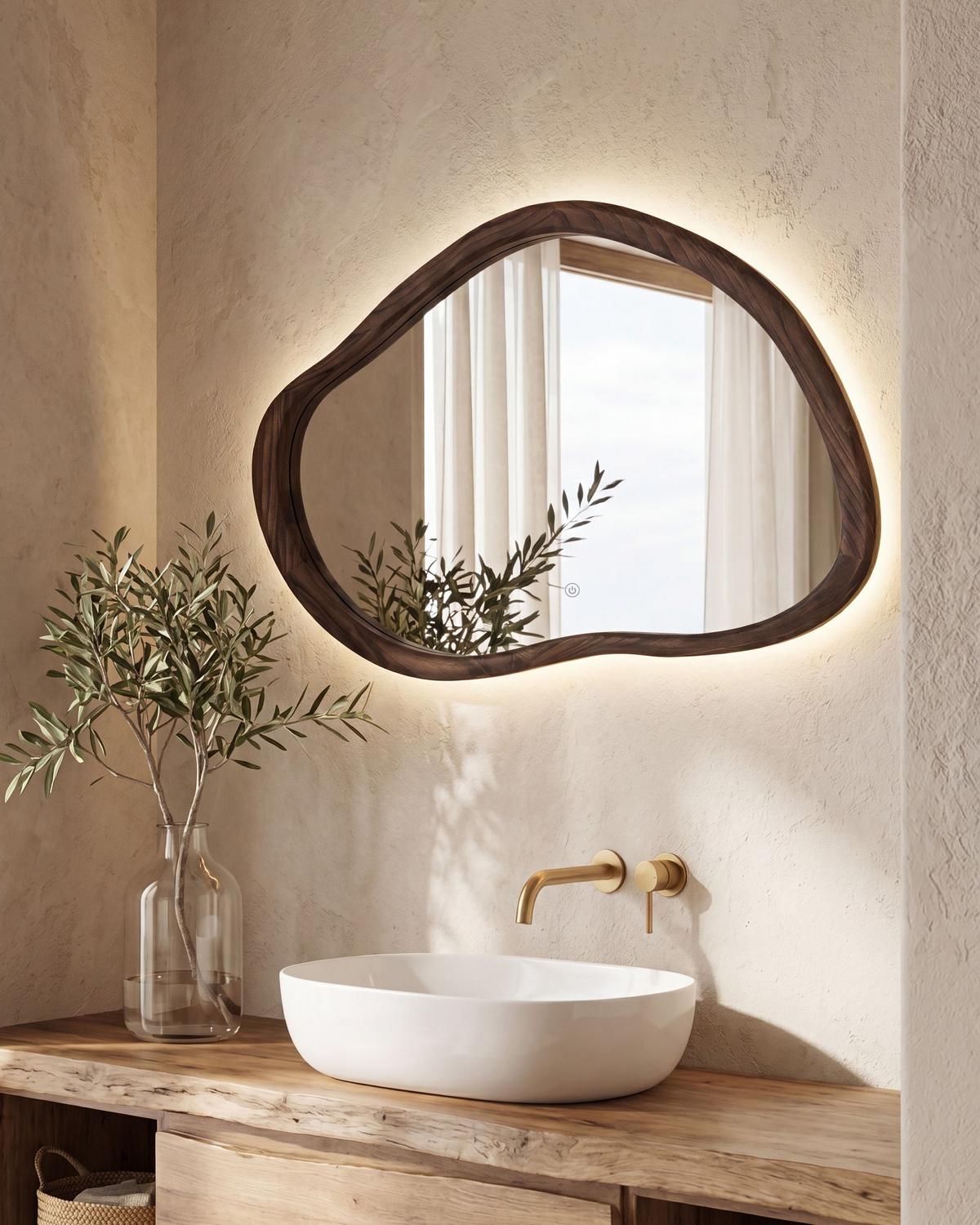 LED-BADEZIMMER-SPIEGEL 93/60 cm Dunkelbraun Mancey - Silberfarben/Braun, Glas (93/60/3cm) - Beliani