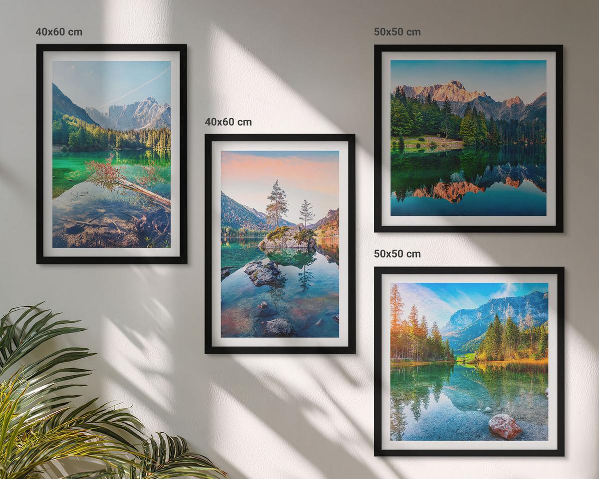 BILDER SET 4er Set - 50x50 cm & 40x60 cm Schwarzer Rahmen - Naturlandschaft der Bergseen - Schwarz, Kunststoff (50/50cm) - TULUP