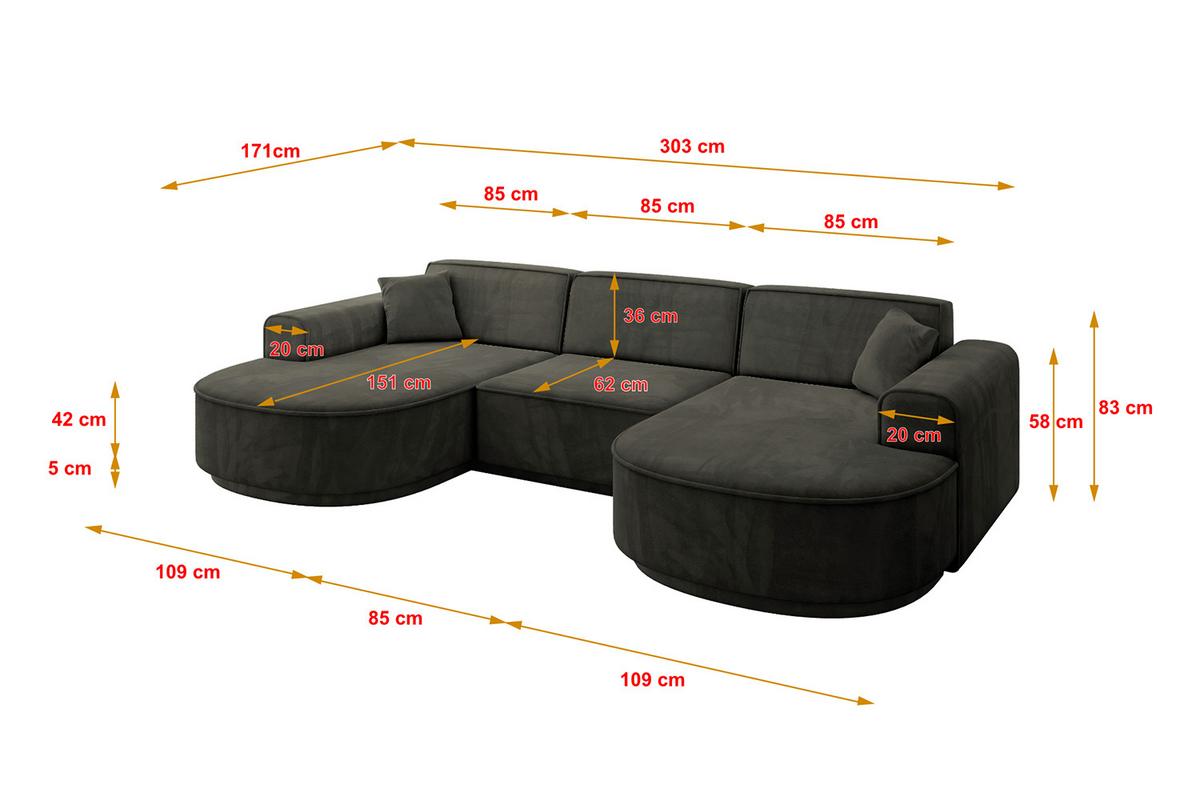 WOHNLANDSCHAFT MARI-U1-v3 - 303x171x83 cm Schwarz Velours - Schwarz, Holzwerkstoff/Kunststoff (303/83/171cm) - ALTDECOR