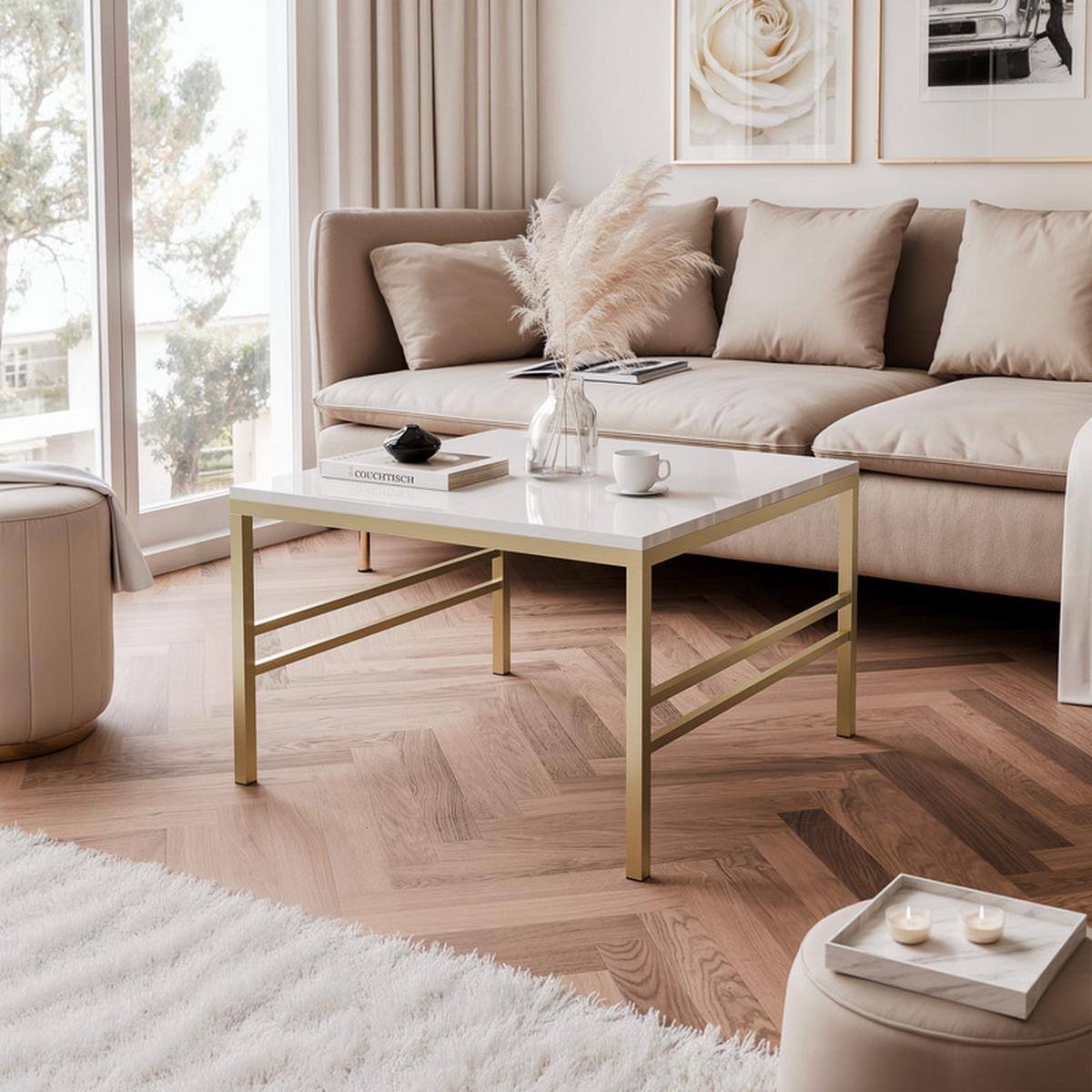 COUCHTISCH FORMA 60/60 cm Quadrat, Gold / Weiß Hochglanz - Weiß Hochglanz/Goldfarben, Metall (60/60/40cm) - Idohome