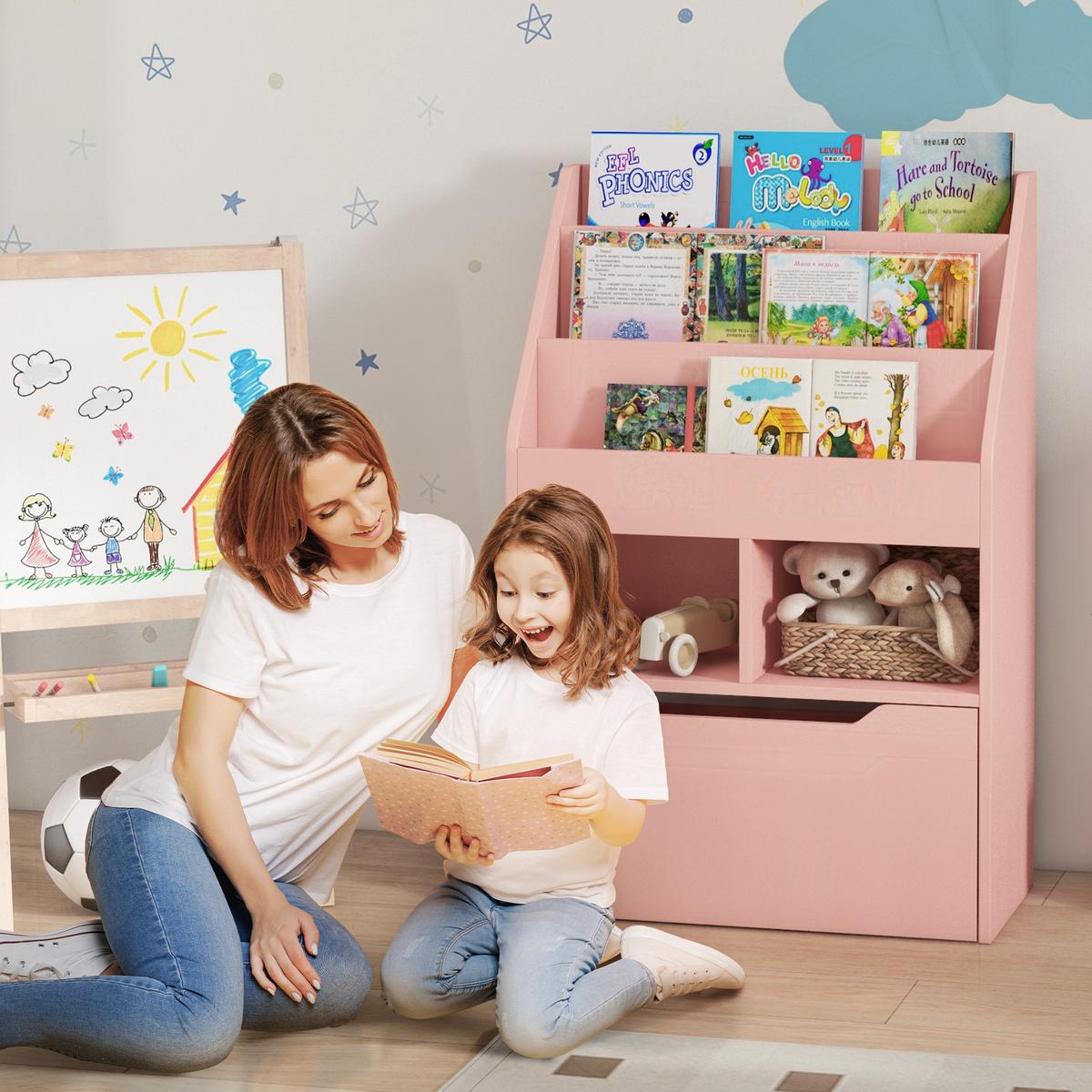 KINDER Bücherregal Kinderregal mit Schublade, 3 Ablagefächern, 2 offenen Fächern - Rosa, Holzwerkstoff (29.9/90/60cm) - HOMCOM
