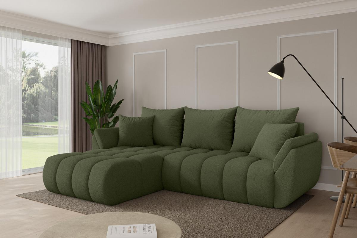 ECKSOFA mit Schlaffunktion Ottomane Links TOKO-L-v1 277x194x86 Grün Bouclé - Schwarz/Olivgrün, Holzwerkstoff/Kunststoff (277/194cm) - ALTDECOR
