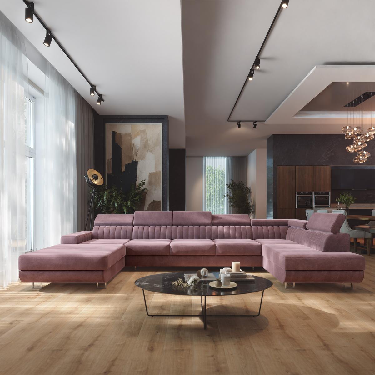 WOHNLANDSCHAFT GAIAN Lila Velours-Stoff mit Schlaffunktion - Lila, Holz (412/88/190cm) - MASSENO