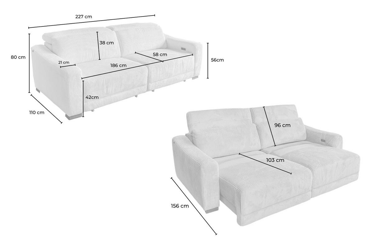 SOFA KIANA Cremeweiß Cord Relaxfunktion - Creme/Schwarz, Kunststoff/Textil (227/80/110cm) - KAWOLA