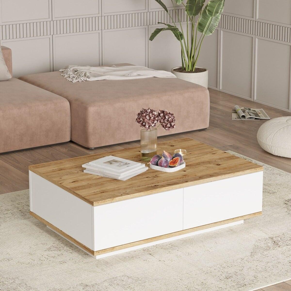 COUCHTISCH - 90 cm x 60 cm - Holz, Platte - Naturfarben Hell, Weiß - LOTULA - Naturfarben/Weiß, Holz (60/90/28.6cm) - Vente-Unique