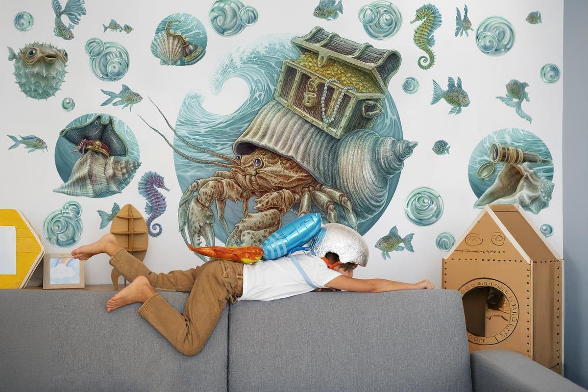 WANDAUFKLEBER 100x105cm - Krabbenwelt - Multicolor, Kunststoff (100/105/0.1cm) - Wallfluent