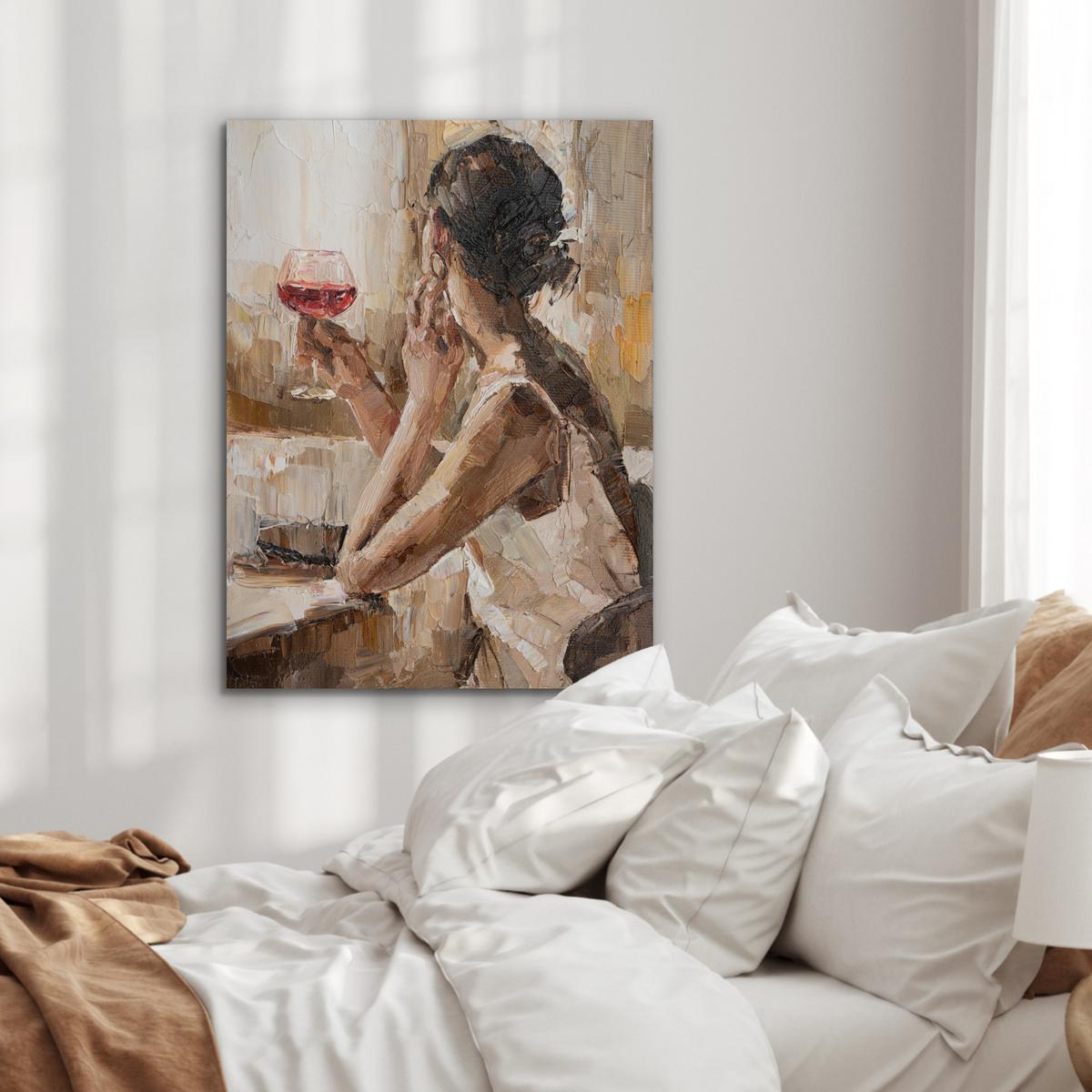 METALLBILD Ölgemälde - Frau - Wein 60x80 cm - Hellbraun, Metall (60/80cm) - MuchoWow