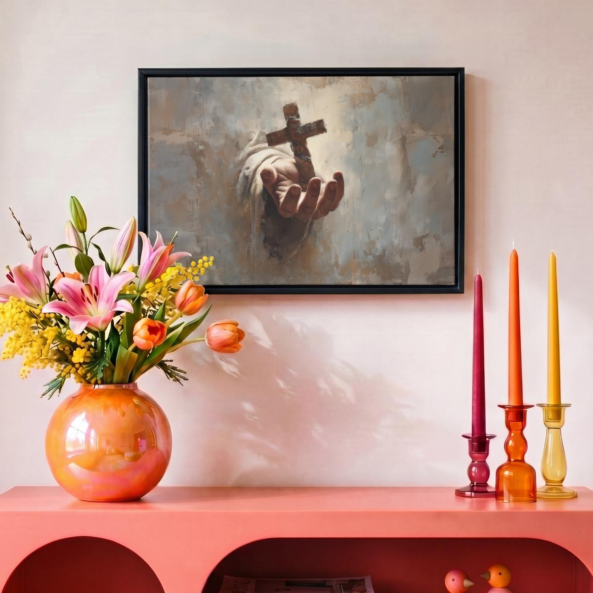 LEINWAND Bilder mit Rahmen - Abstrakt - Kreuz - Hand - Christentum - 30x20 - Hellbraun, Textil (30/20cm) - MuchoWow