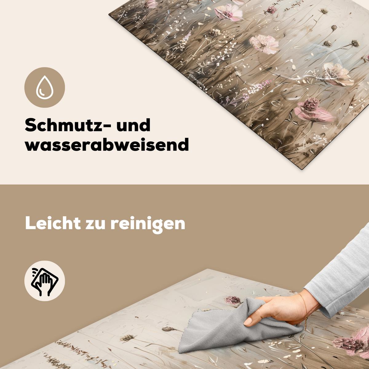 HERDABDECKPLATTE Blumen - Beige - Trockenblumen Induktionsmatte 77x51 cm - Beige, Kunststoff (77/51/0.2cm) - MuchoWow