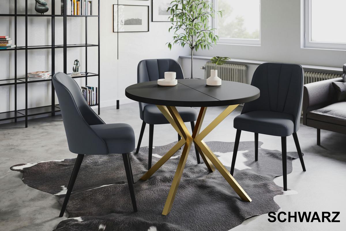RUNDER Esszimmertisch LOFT LITEN, ausziehbarer Tisch Durchmesser: 120 cm/200 cm, Wohnzimmertisch Farbe: Schwarz, mit Metallbeinen in Farbe Gold - Goldfarben/Schwarz, Holzwerkstoff (120/120/76cm) - Alpi-Möbel