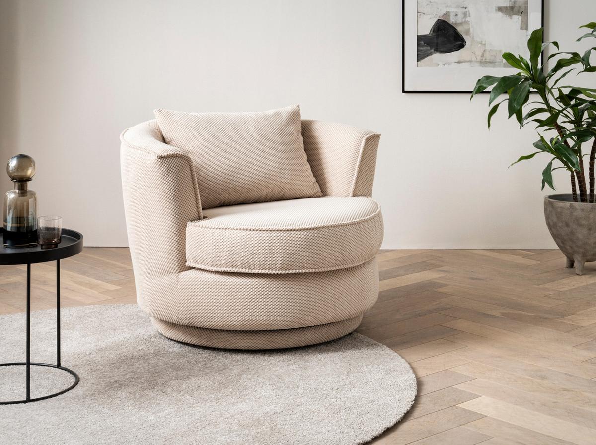 DREHSESSEL wollweiß Web-Velours, Sessel 360° drehbar inklusive Kissen - Creme/Weiß, Kunststoff/Textil (95/77/95cm)