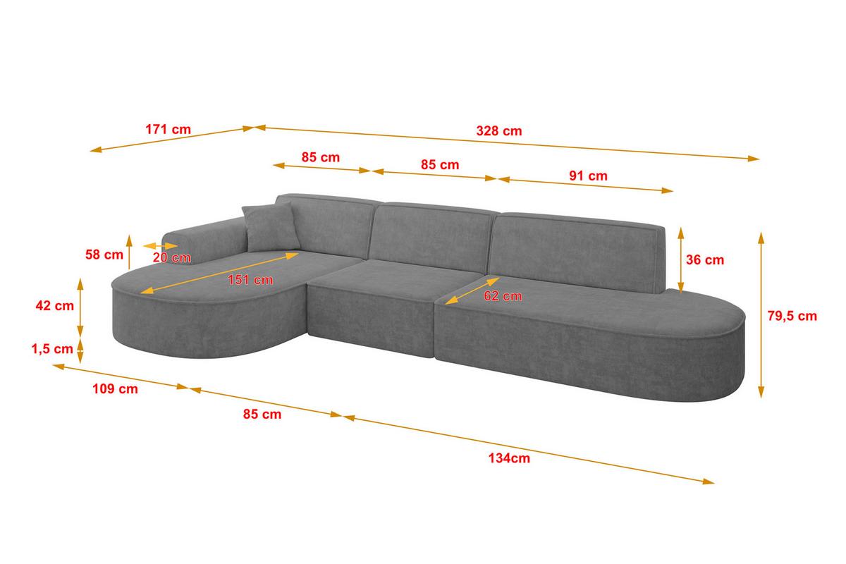 ECKSOFA Ottomane Links MARI-L2 - 328x171x79 cm Grau Velours - Schwarz/Grau, Holzwerkstoff/Kunststoff (328/171cm) - ALTDECOR