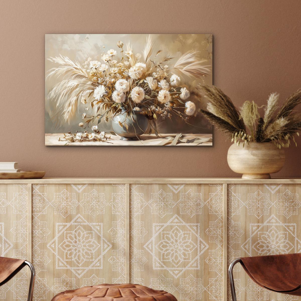 METALLBILD Blumen - Vase - Stilleben - Beige Wandbild 60x40 cm - Creme, Metall (60/40cm) - MuchoWow