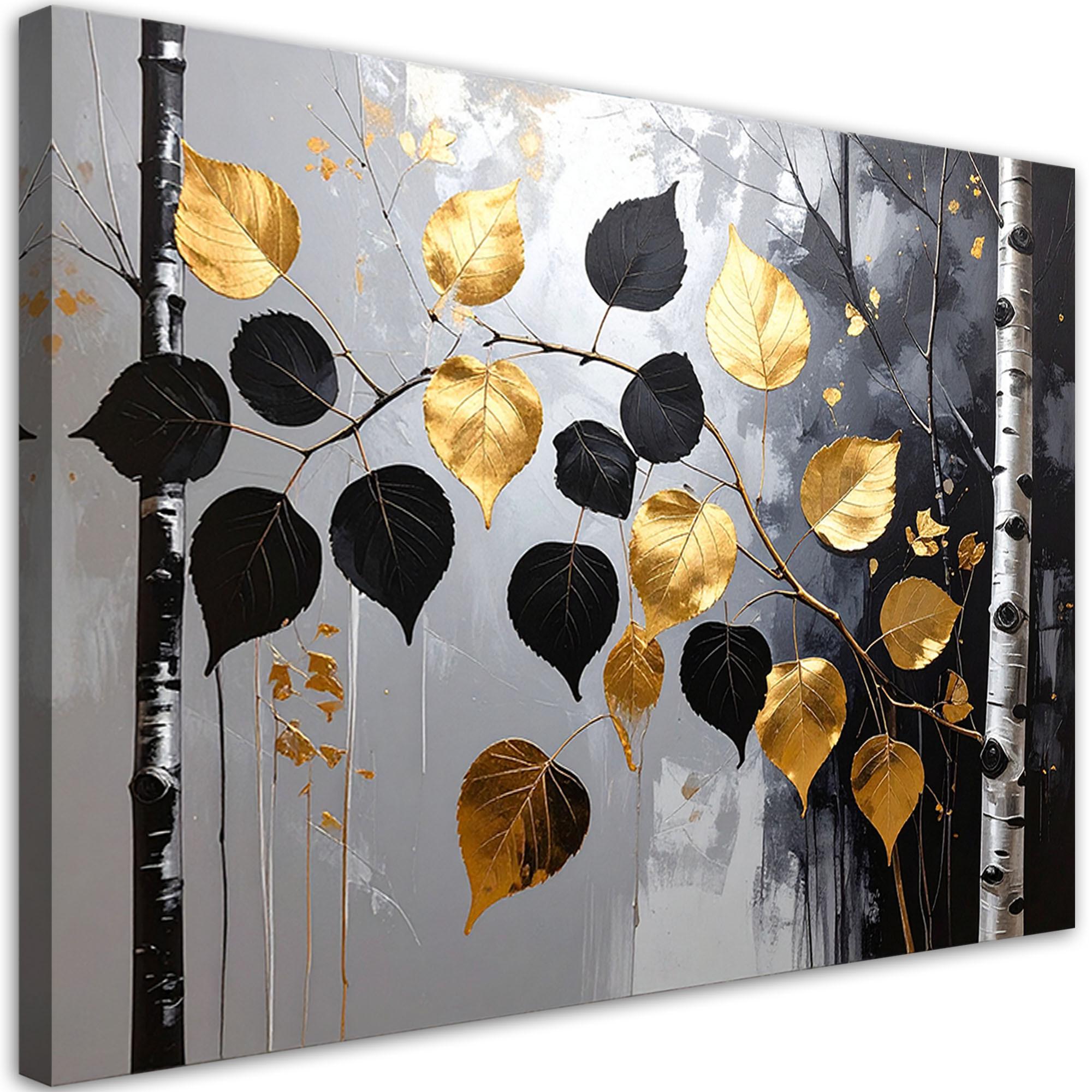 WANDBILD, Birkenwald Natur schwarz-goldene Blätter - Schwarz, Textil (90/60cm) - Feeby