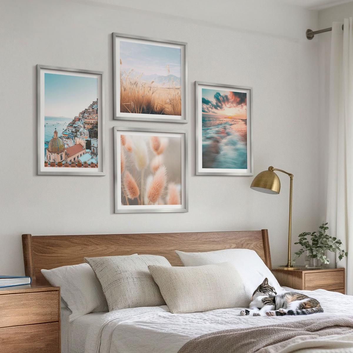 BILDER SET 4er Set - 50x50 cm & 40x60 cm Silberner Rahmen - Sonnenuntergang am Meer, Häuser, Blumen - Silberfarben, Kunststoff (50/50cm) - TULUP