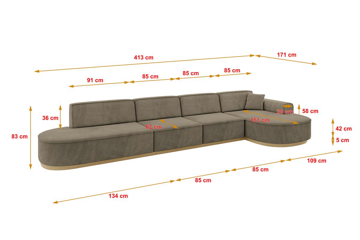 ECKSOFA Ottomane Rechts MARI-L3-v2 - 413x171x83 cm Dunkelbraun Velours - Dunkelbraun, Holzwerkstoff/Textil (171/413cm) - ALTDECOR