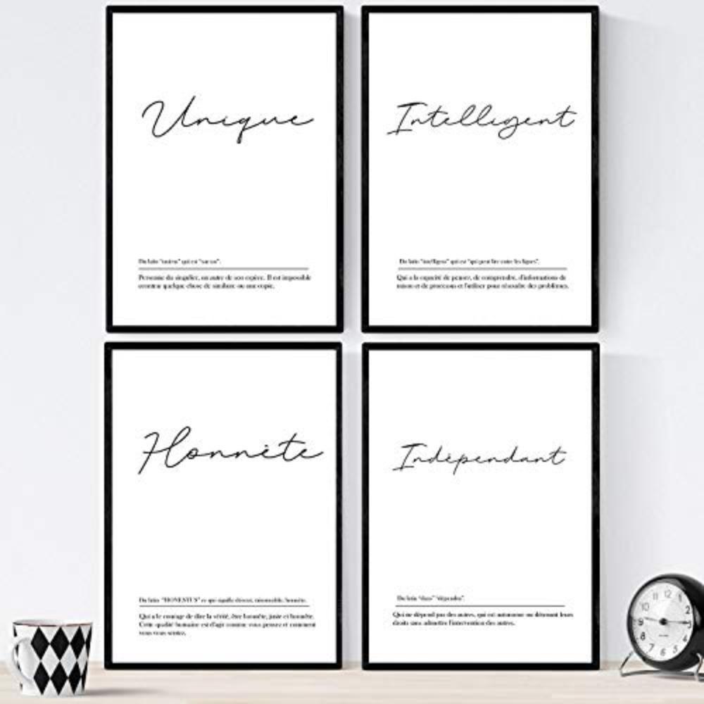 POSTER Set mit 4 Worten auf Französisch A4 Schwarzer Rahmen - Schwarz, Papier (29.7/3cm) - Nacnic