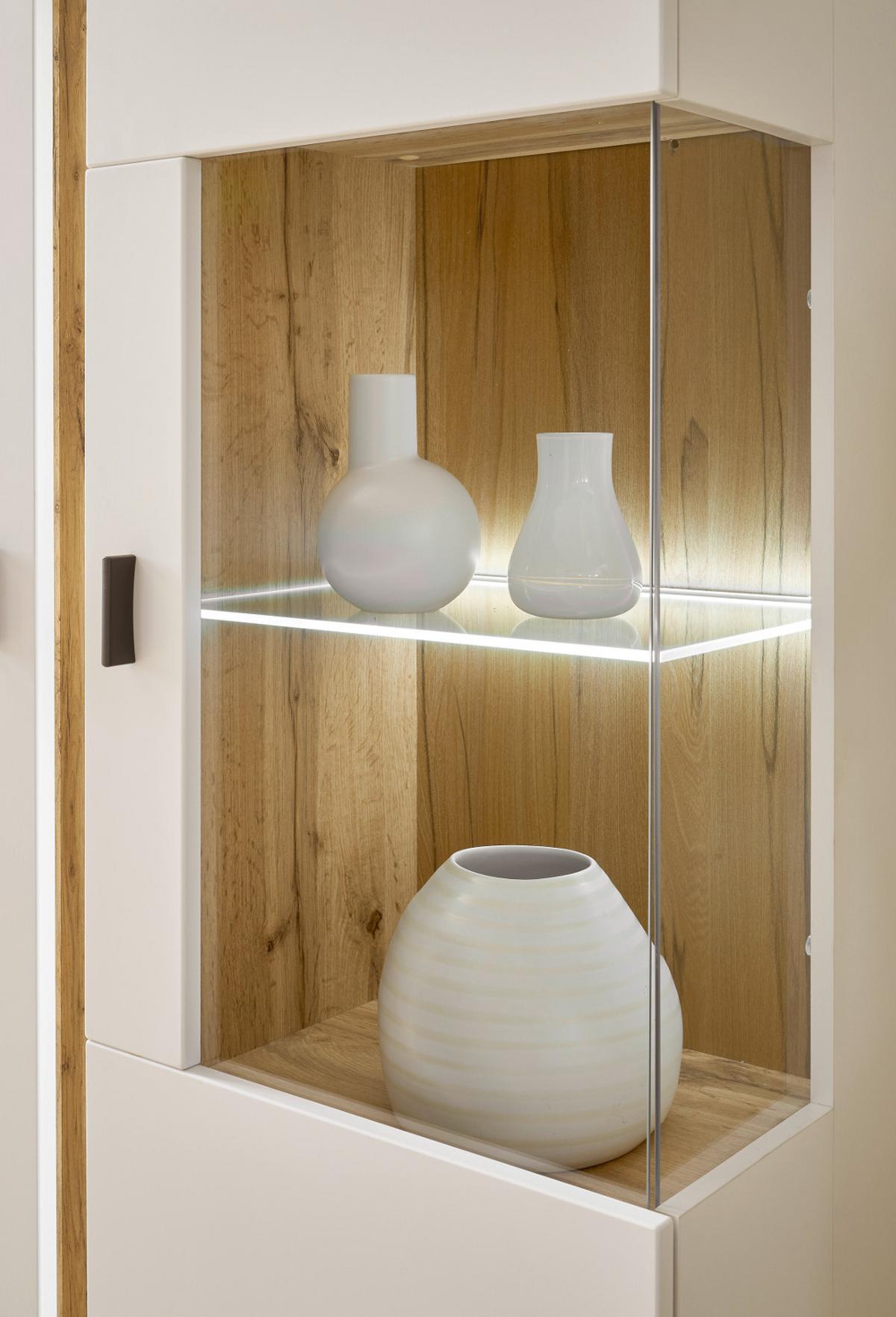 VITRINE weiß matt, Eiche Wotan 80 x 125 cm, Highboard inklusive Frontbeleuchtung - Eiche Wotan/Silberfarben, Glas/Holzwerkstoff (80/125/35cm) - Furn.Design