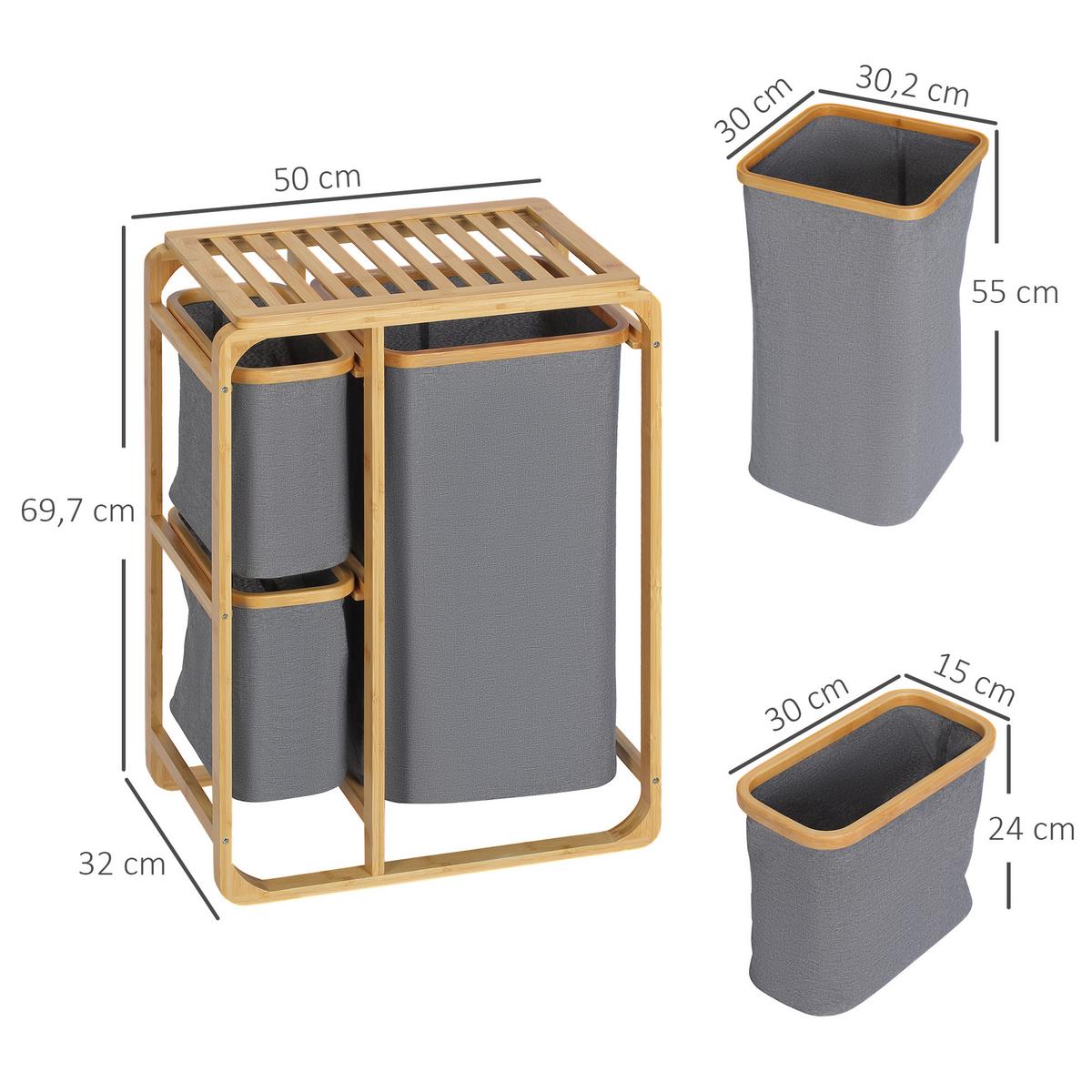 WÄSCHEKORB Wäschebox mit Plattform und 3 abnehmbaren Wäschesacke Wäschesammler - Multicolor, Naturmaterialien (32/69.7/50cm) - HOMCOM