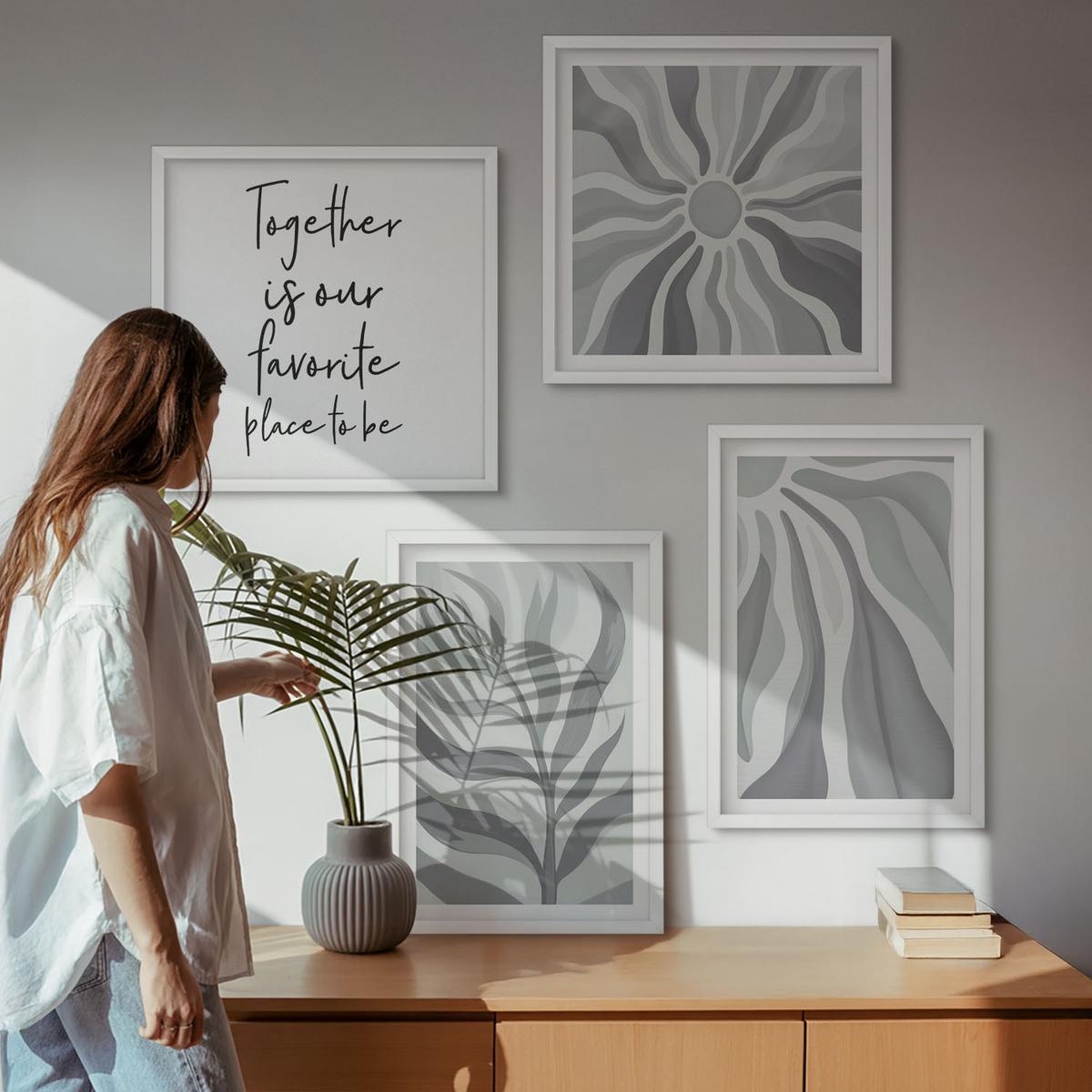 BILDER SET 4er Set - 50x50 cm & 40x60 cm Weißer Rahmen - Illustrationen mit floralen Pastellmustern - Weiß, Kunststoff (50/50cm) - TULUP