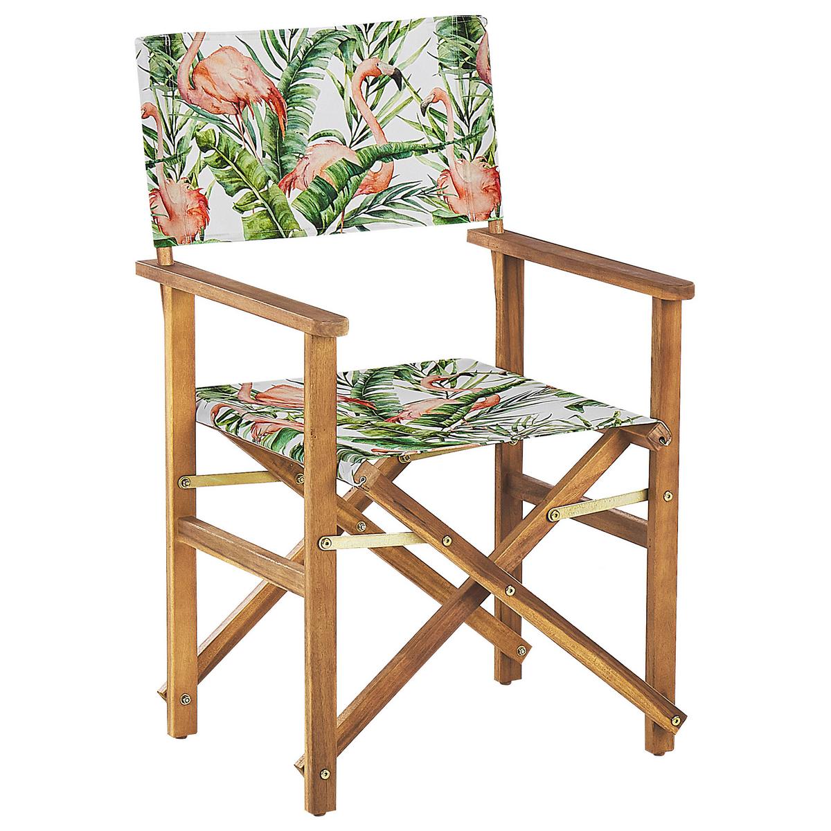 GARTENSTUHL 2er-Set Akazienholz hellbraun Auflagen cremeweiß/bunt Flamingomuster Cine - Hellbraun/Multicolor, Holz (50/91/50cm) - Beliani