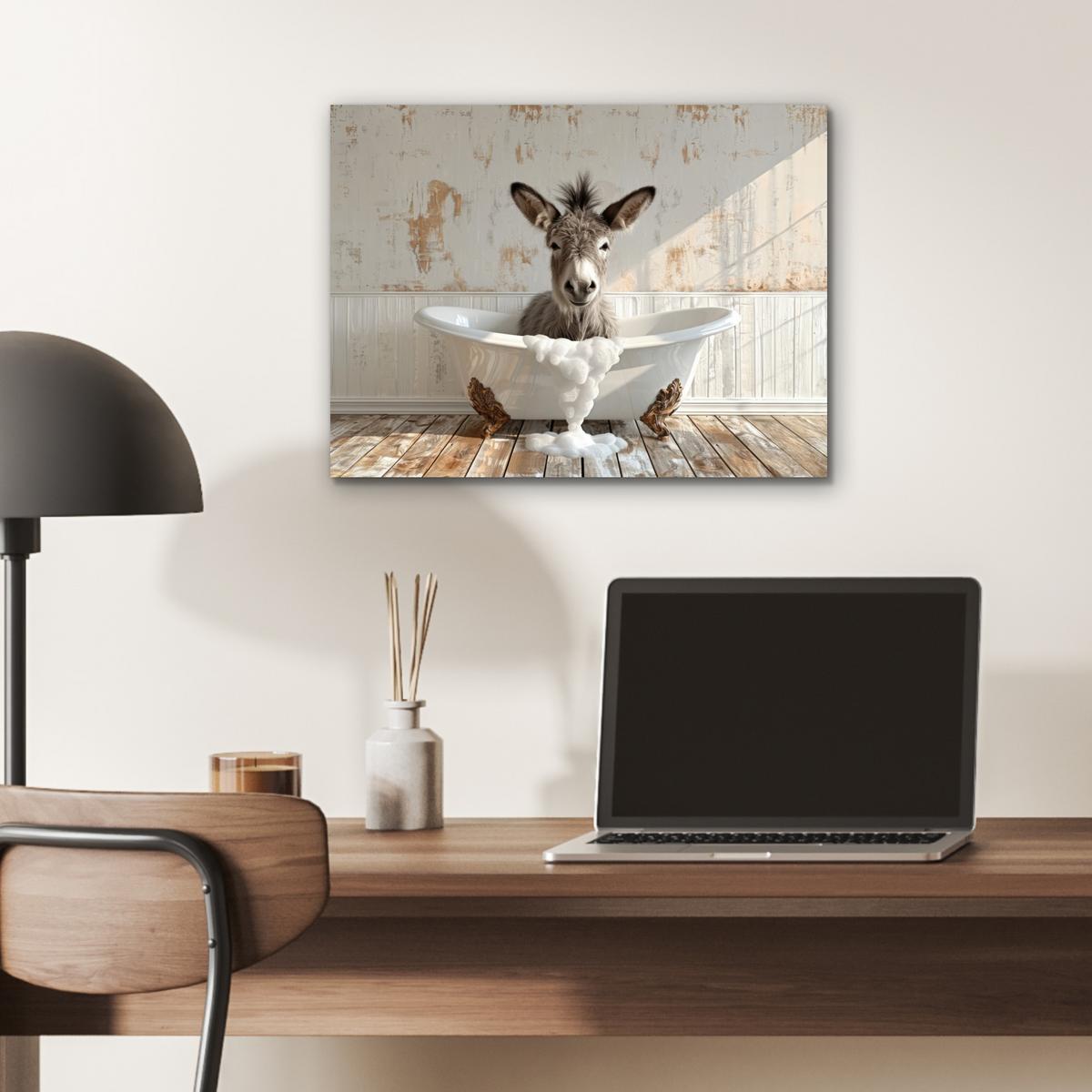 METALLBILD Esel - Tiere - Badewanne - Schaumstoff 40x30 cm - Weiß, Metall (40/30cm) - MuchoWow