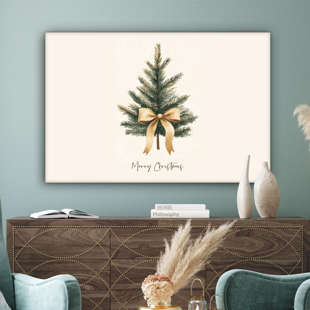 LEINWANDBILD Weihnachtsbaum - Weihnachten - Frohe Weihnachten - Beige Groß 140x90 cm - Sandfarben, Textil (140/90cm) - MuchoWow