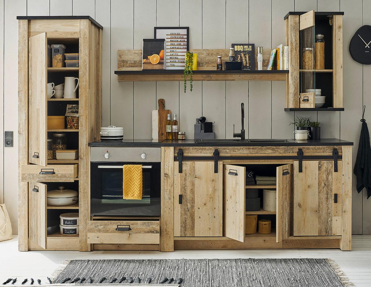 KÜCHEN-SET Used Wood hell, anthrazit 196 cm, Küchenschrank Set 3-teilig mit Schiebetür - Anthrazit/Schwarz, Holzwerkstoff/Metall (196/180/64cm) - Furn.Design