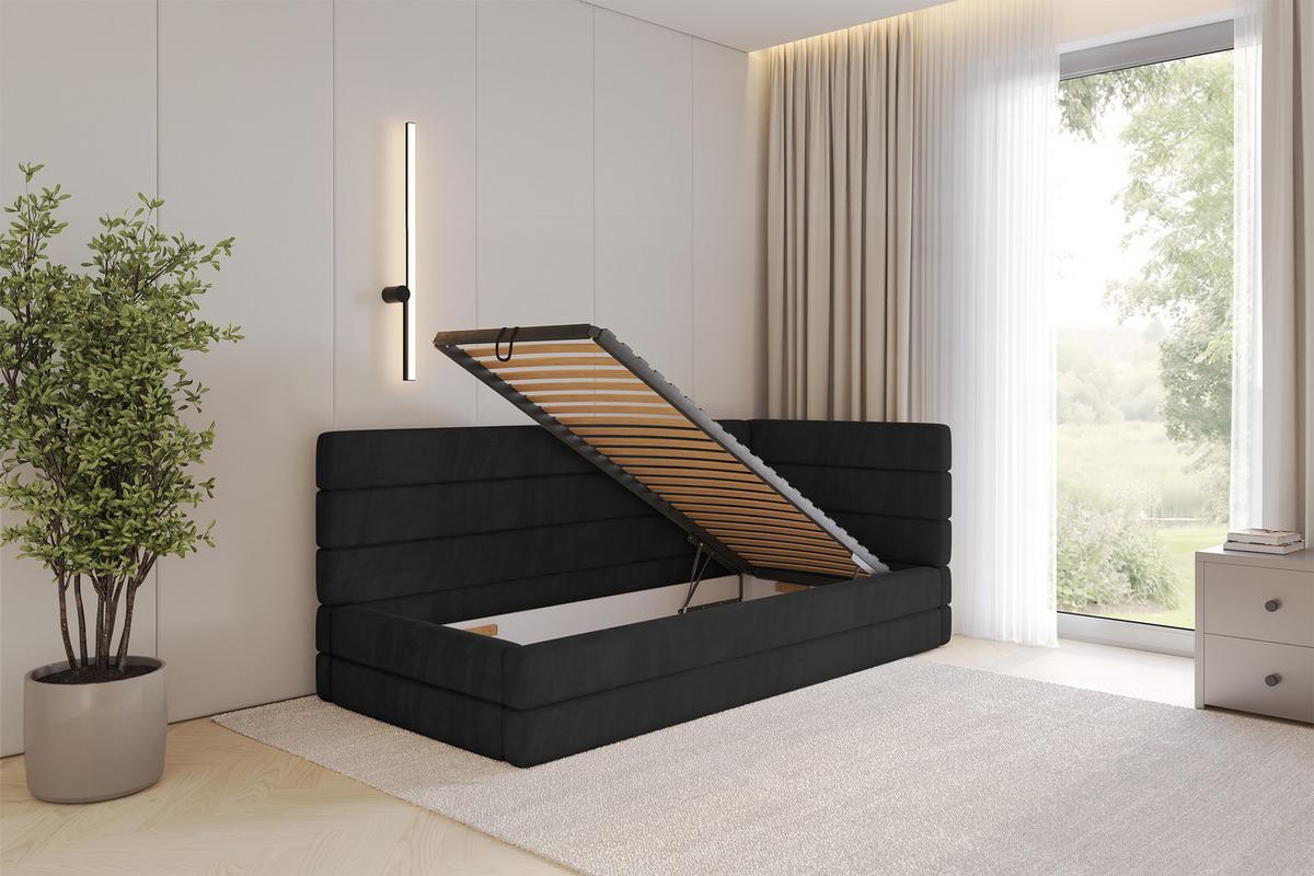 EINZELLBETT Jugendbett mit Bettkasten und Matratze H3/H4, Links - BEMY 80x200 Schwarz - Schwarz, Holzwerkstoff/Textil (80/200cm) - ALTDECOR
