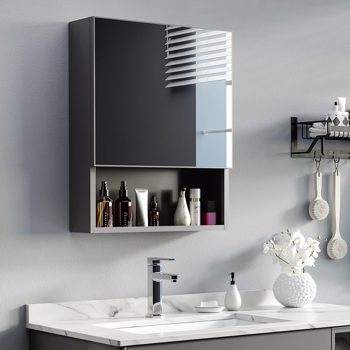 SPIEGELSCHRANK mit Spiegeltür, 2 Innenböden, Edelstahl, Glas, Schwarz - Schwarz, Glas (46/58/14cm) - Kleankin