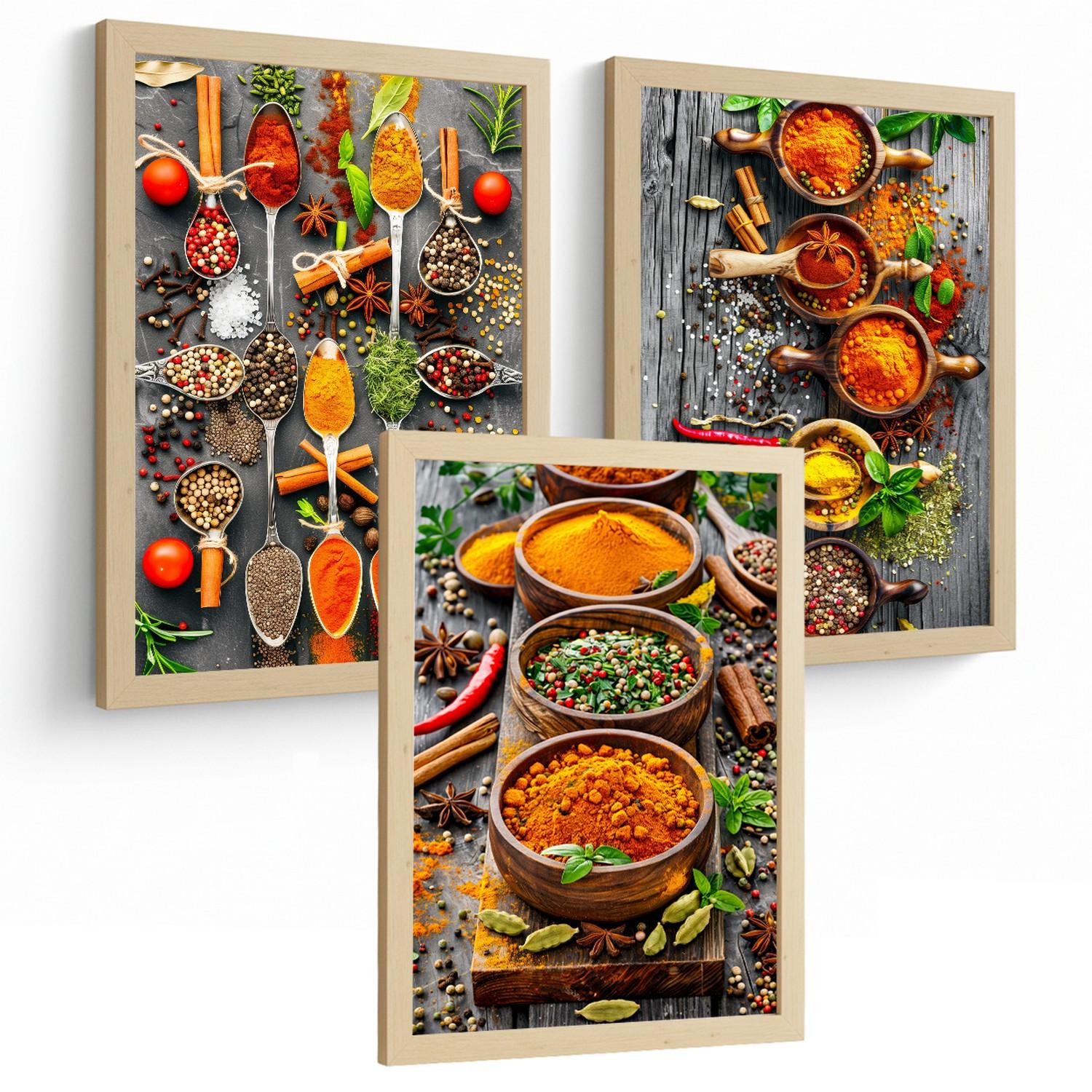 POSTER 3er Set Gewürze und Kräuter Wandbilder Aromatische Zutaten Food Fotografie Küche Esszimmer Deko Leichter Holzrahmen A3 - Beige, Papier (29.7/1/42cm) - Nacnic