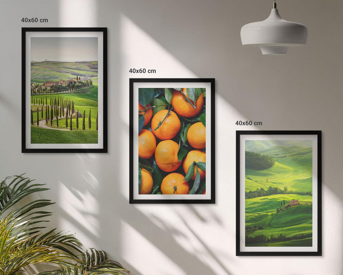 BILDER SET 3er Set - 40x60 cm Schwarzer Rahmen - Italienische Landschaft mit Orangen - Schwarz, Kunststoff (40/60cm) - TULUP