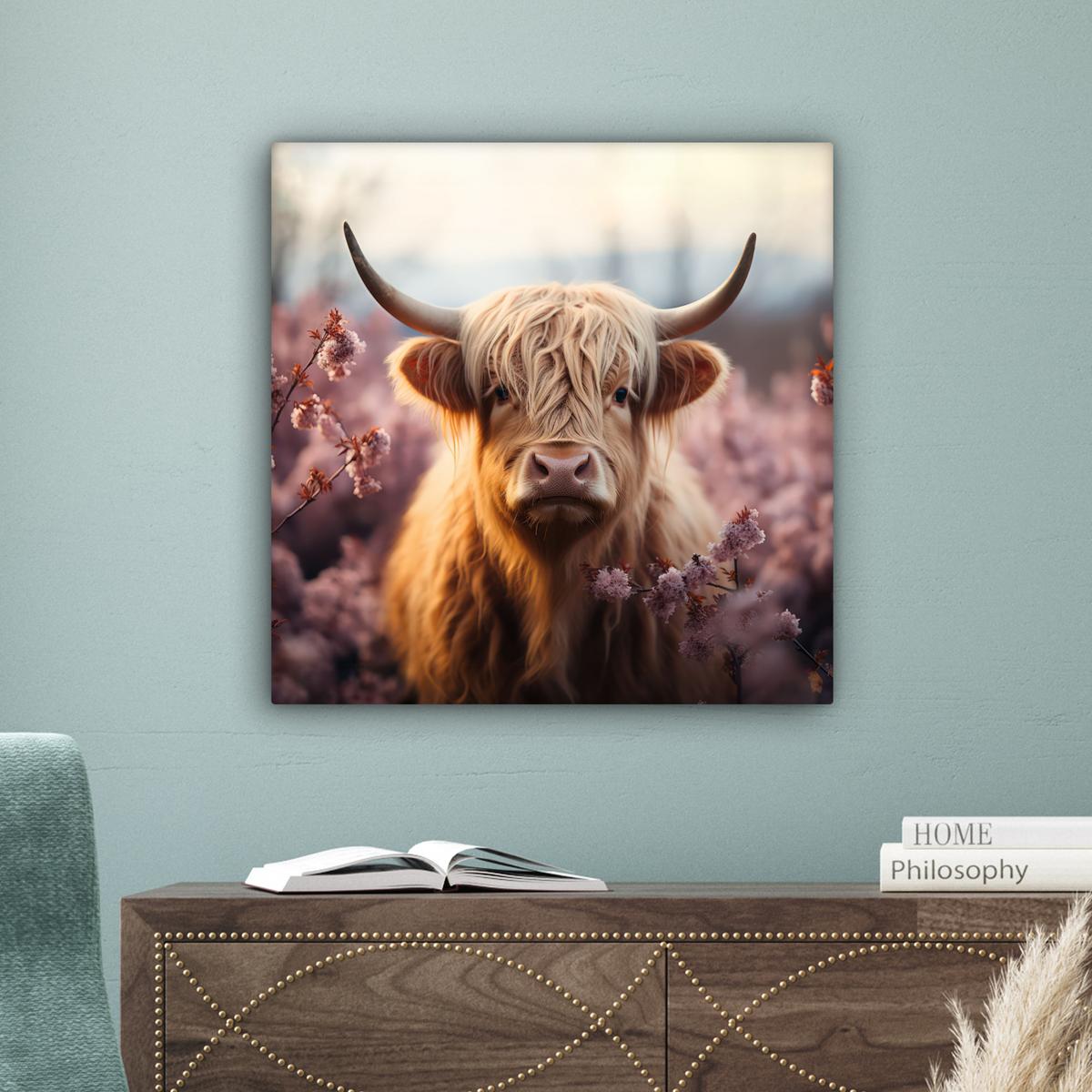 LEINWANDBILD Schottischer Hochländer - Frühling - Hochland Wandbild Wohnzimmer 50x50 cm - Hellrosa, Textil (50/50cm) - MuchoWow