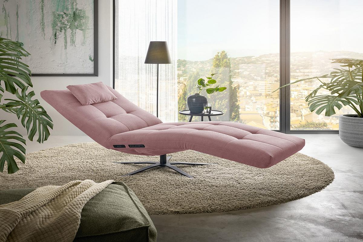 RELAXLIEGE LETICIA Pink Cord Drehbar (360°), Relaxfunktion - Schwarz/Rosa, Textil/Metall (82/115/156cm) - KAWOLA
