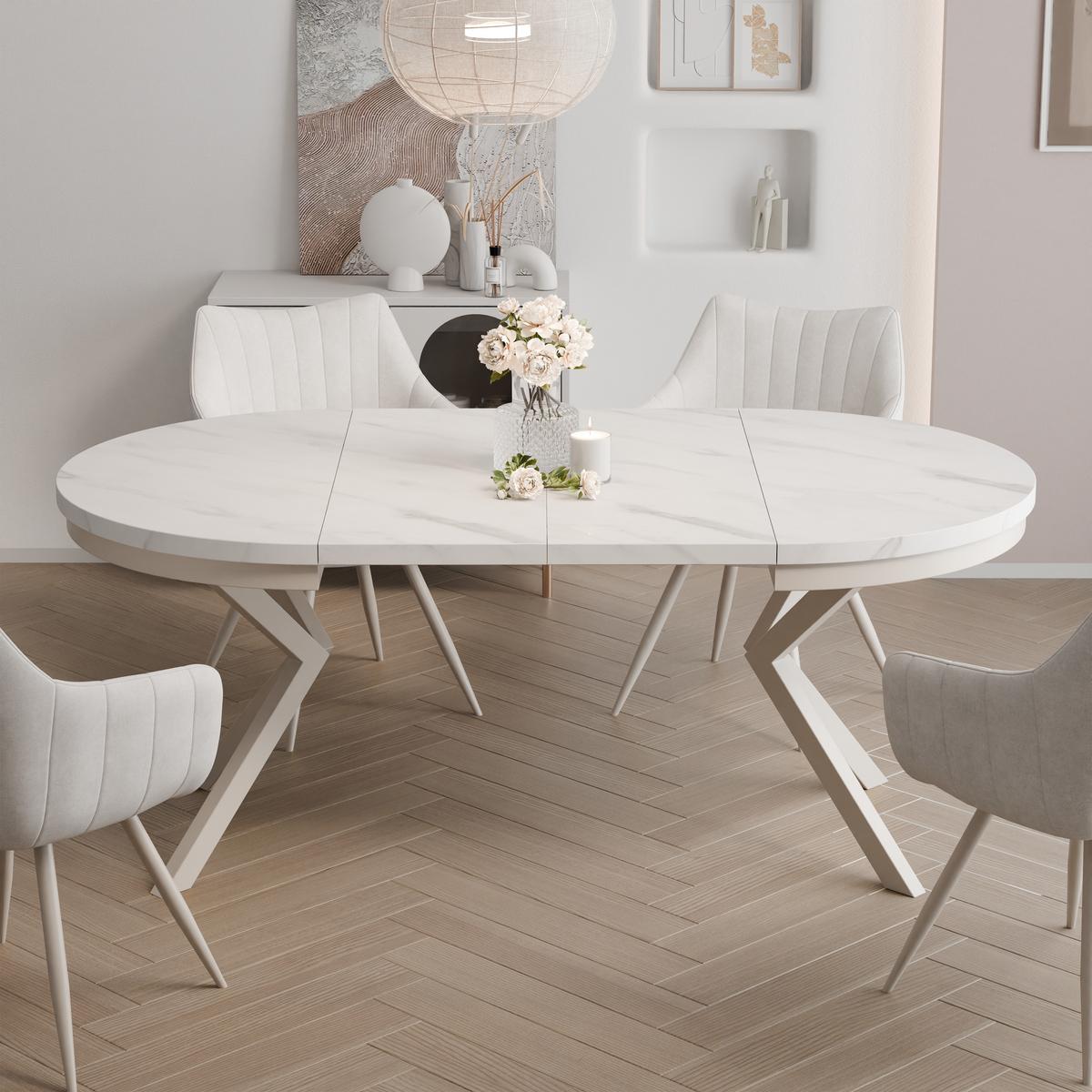AUSZIEHTISCH MILTON 90-166/76 cm mit Metallgestell und Zarge, Kaschmir / Bianco Marmor - Kaschmir/Perlmutt, Holzwerkstoff/Metall (90/90/76cm) - Idohome
