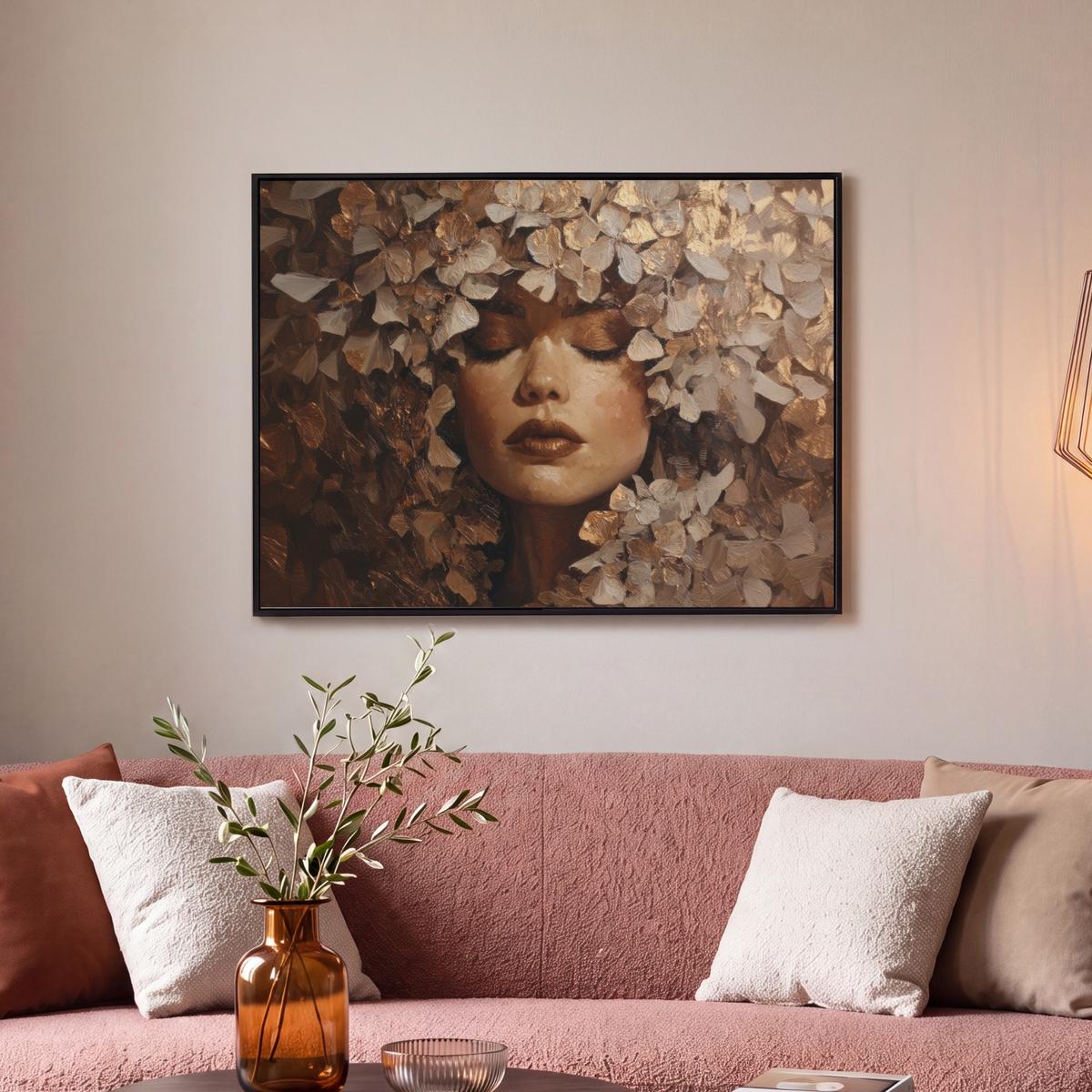 LEINWAND Bilder mit Rahmen - Gesicht - Dame - Blätter - Pinselstriche - 70x50 - Goldfarben, Textil (70/50cm) - MuchoWow