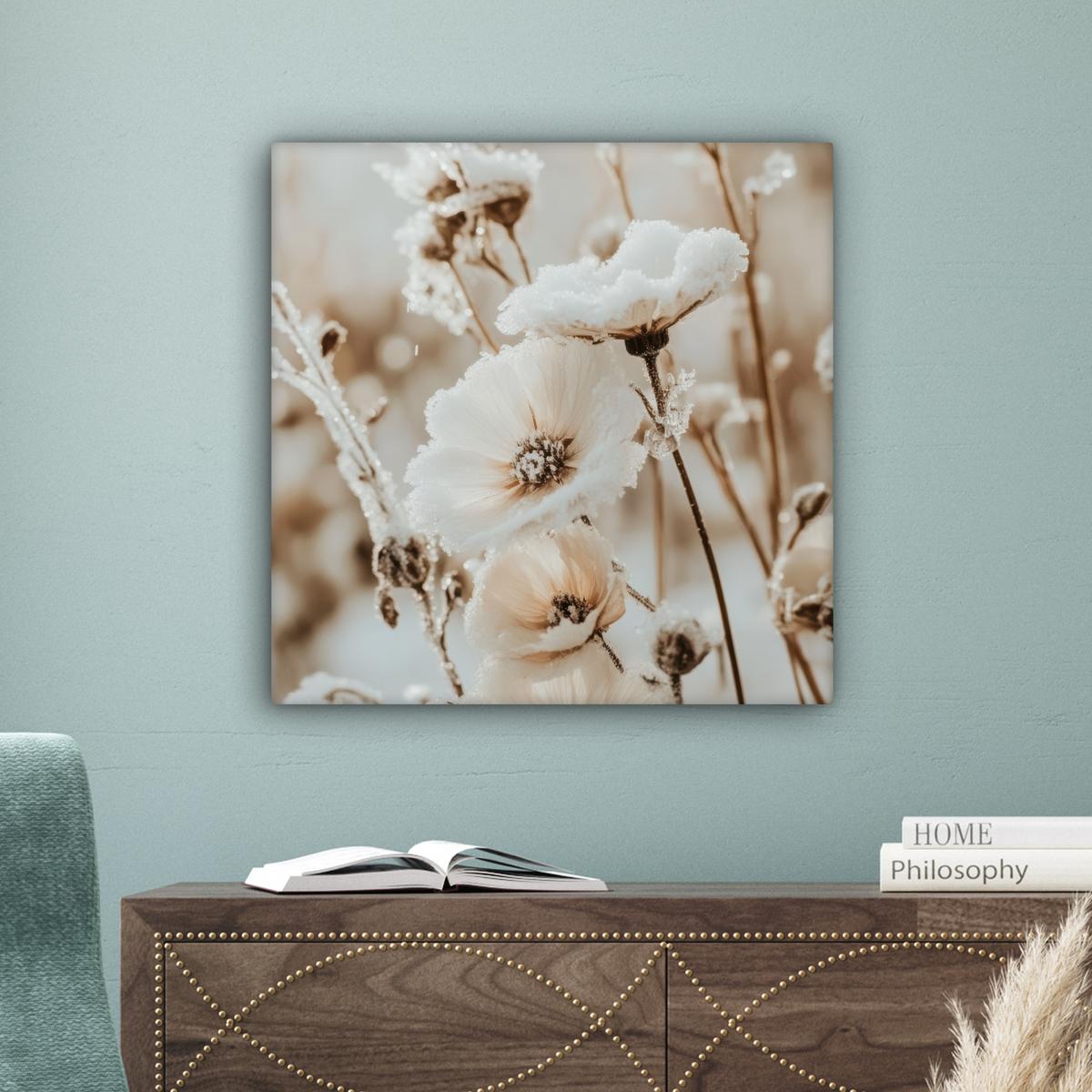 LEINWANDBILD Blumen - Winter - Weiß - Schnee - Beige Wandbild Wohnzimmer 50x50 cm - Creme, Textil (50/50cm) - MuchoWow