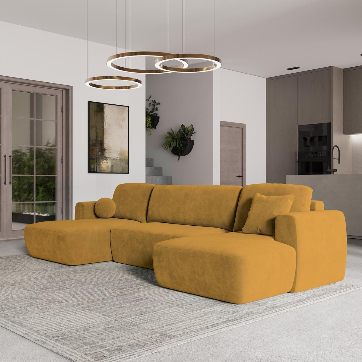 WOHNLANDSCHAFT SENTUM K Gelb Plüsch-Stoff mit Schlaffunktion - Gelb/Schwarz, Holz/Kunststoff (330/90/148cm) - MASSENO