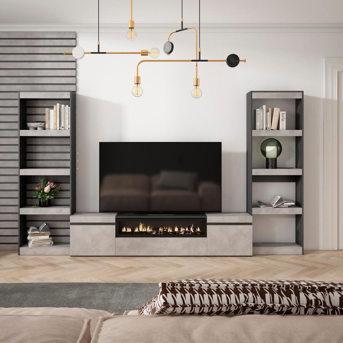 WOHNWAND Elektrokamin, zementgrau, 320/35/186cm - Grau, Holzwerkstoff (320/186/35cm) - Skraut Home