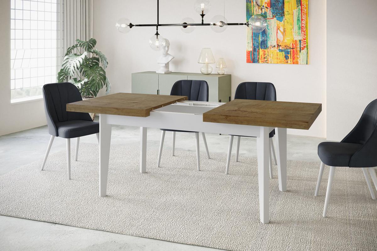 RECHTECKIGER Esszimmertisch SKANDI, ausziehbarer Tisch, Größe: 140-180X80X78 cm, Wohnzimmertisch Farbe: LEFKAS, mit Holzbeinen in Farbe Weiß - Dunkelbraun/Weiß, Holzwerkstoff (140/80/78cm) - Alpi-Möbel