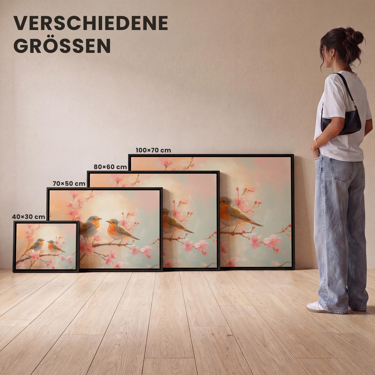 LEINWAND Bilder mit Rahmen - Rotkehlchen - Zierpflanze - Blütenzweig - 80x60 - Hellrosa, Textil (80/60cm) - MuchoWow