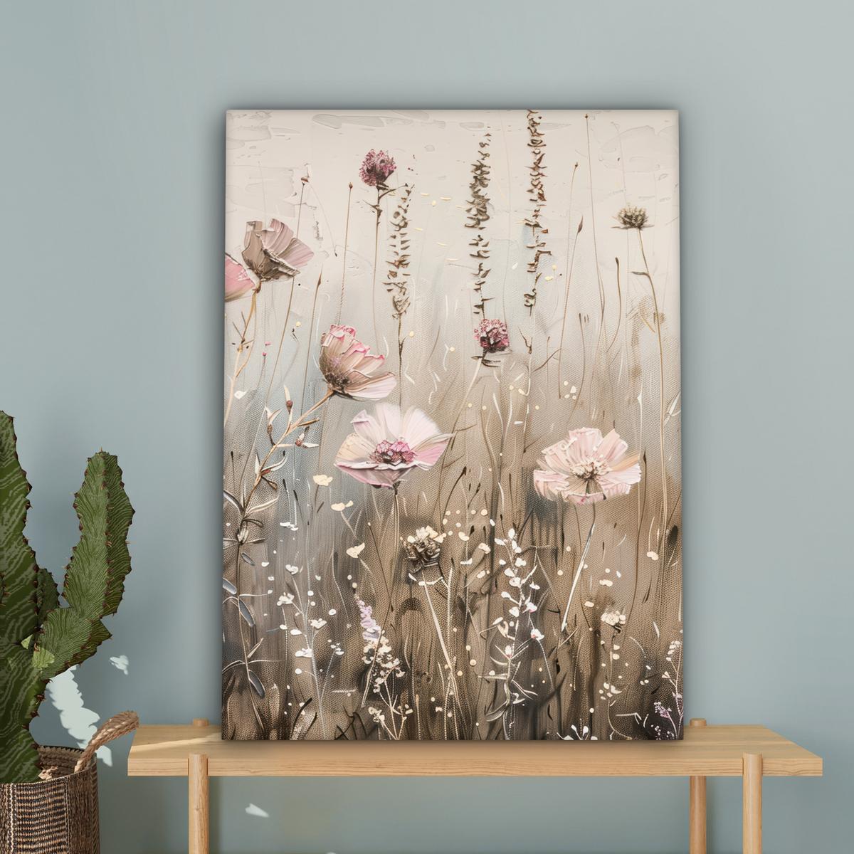 LEINWANDBILD Blumen - Rosa - Modern - Beige Wandbild Wohnzimmer 60x80 cm - Beige, Textil (60/80cm) - MuchoWow