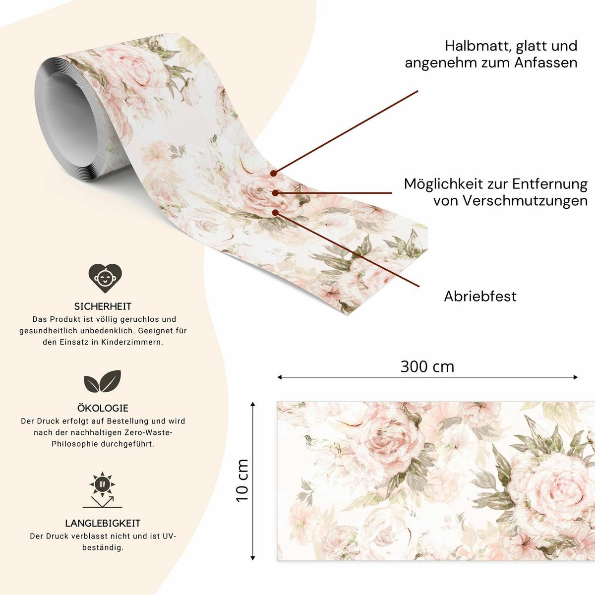 TAPETENBORDÜRE Selbstklebend Pastell Pfingstrosen BLUMEN Natur - Beige/Weiß, Papier (10/300/300cm) - Muralo