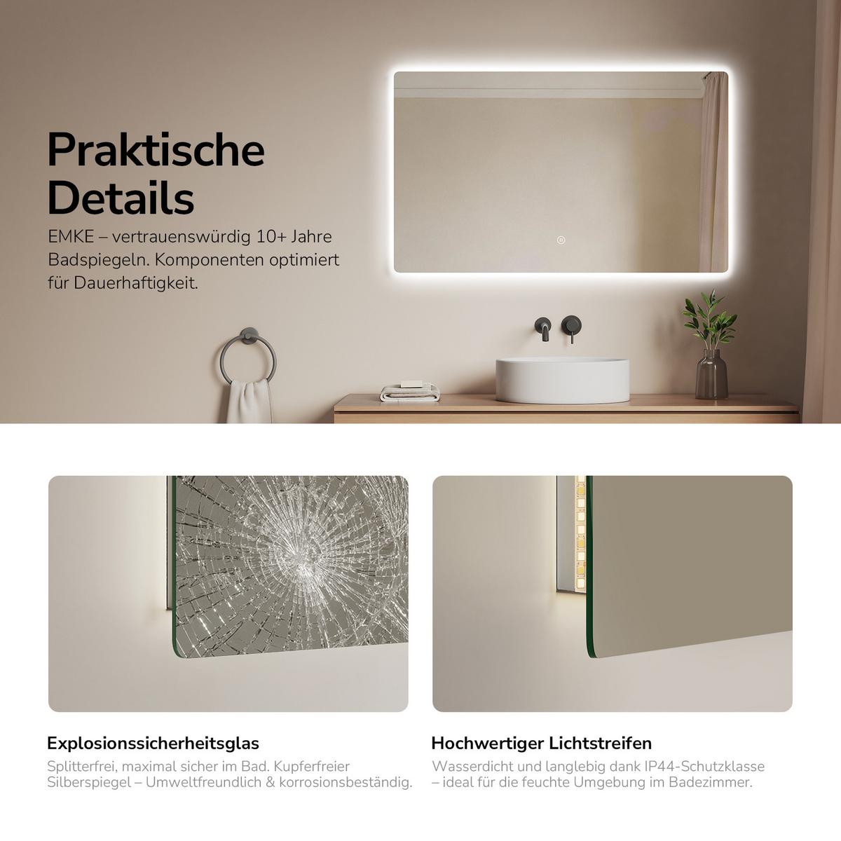 BADSPIEGEL LED abgerundet 3 Farbtemperaturen Touch-Schalter 100/60 cm - Transparent, Glas (100/60/3cm) - EMKE