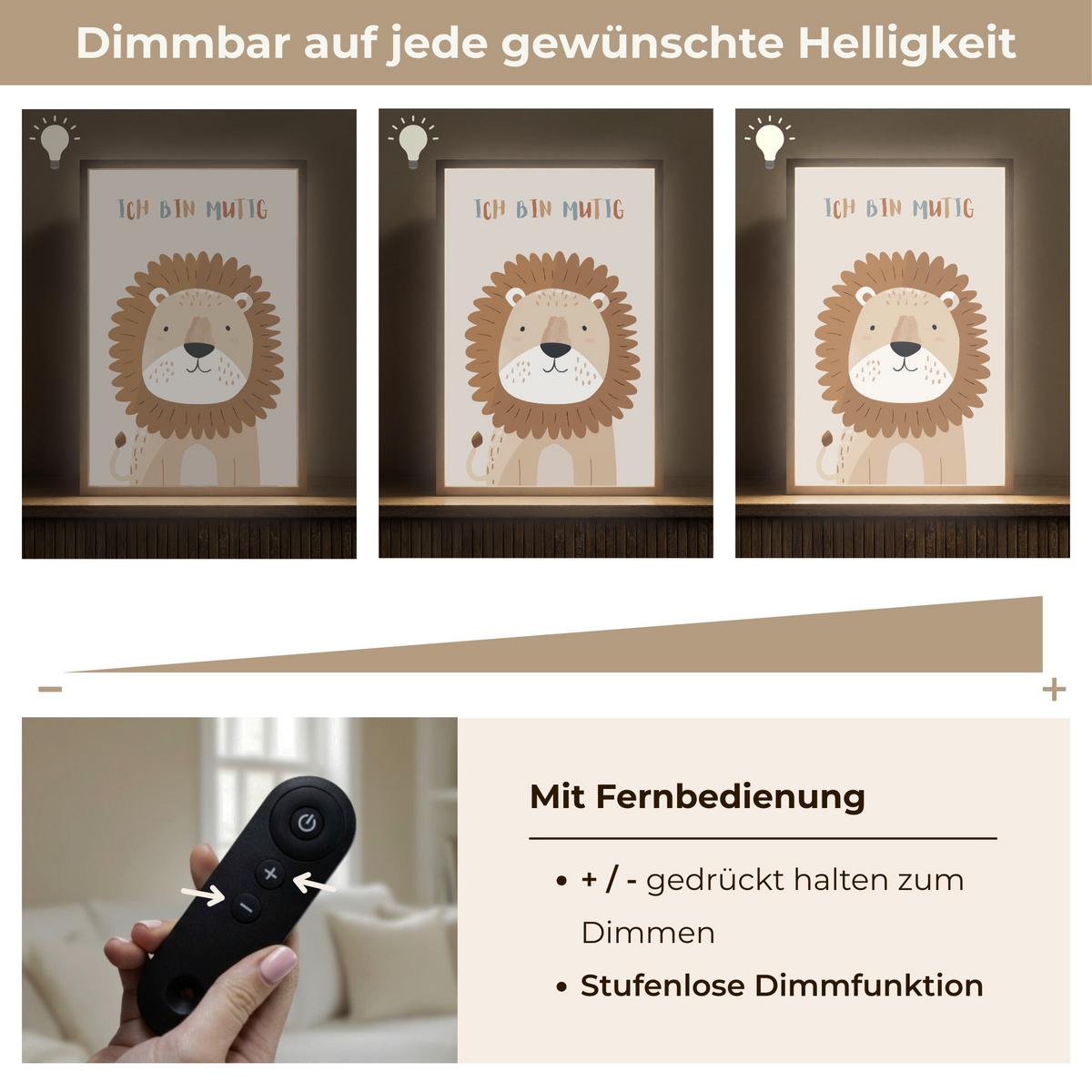 WANDLEUCHTE MIT AKKU Löwe - Beige - Tier - Mutig - Zitat 40x60 cm - Beige, Holzwerkstoff (40/60/8cm) - OnlyWow