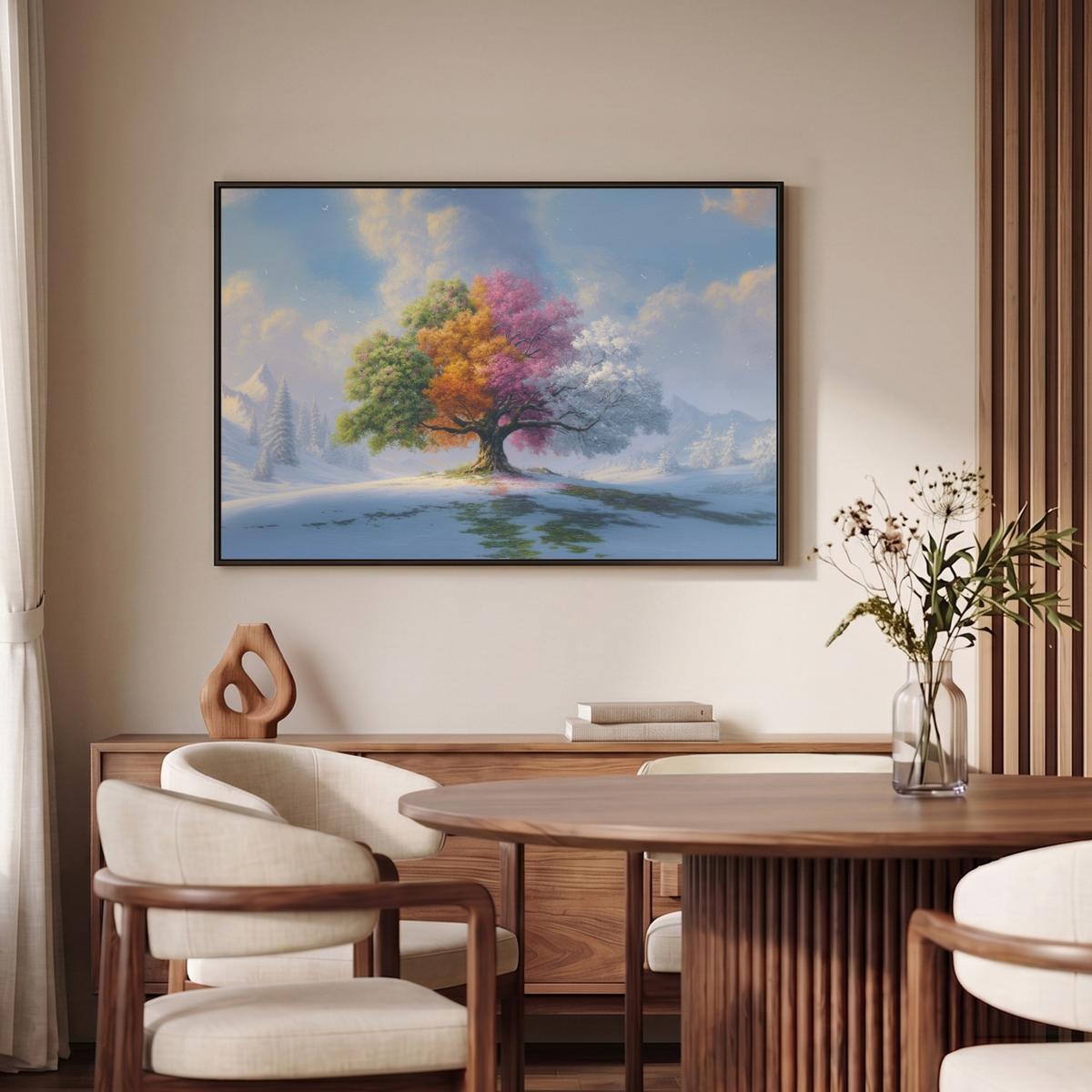 LEINWAND Bilder mit Rahmen - Baum - Jahreszeiten - Winter - Landschaft - 90x60 - Multicolor, Textil (90/60cm) - MuchoWow