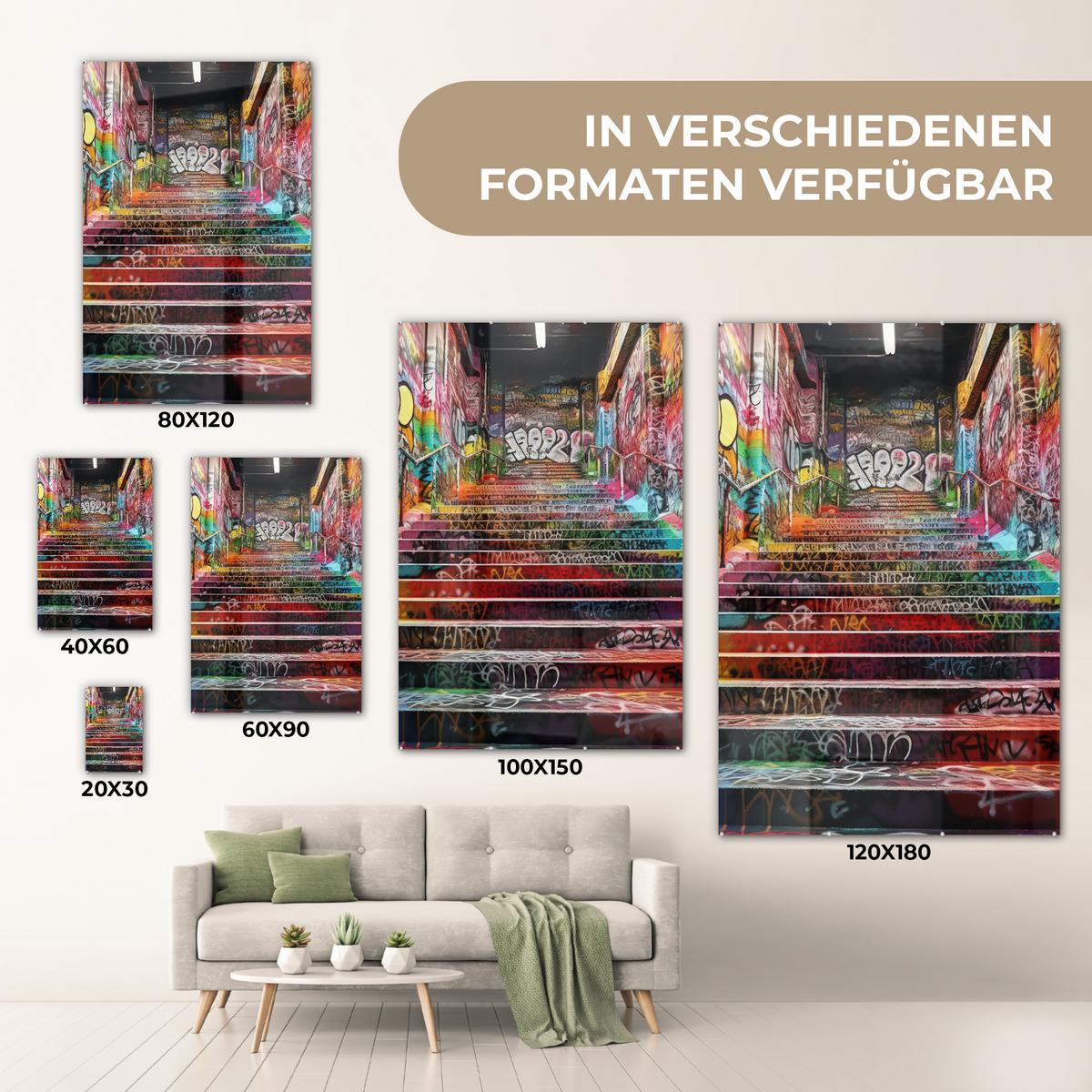 ACRYLGLASBILD Treppe - Graffiti - Farben - Kunst 80x120 cm - Multicolor, Glas (80/120cm) - MuchoWow