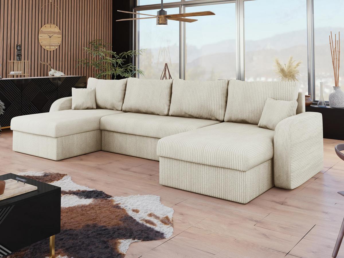 WOHNLANDSCHAFT Kris U Cord - Beige/Schwarz, Holz/Kunststoff (304/80/140cm) - MIRJAN24