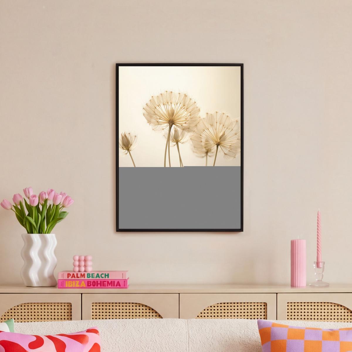 LEINWAND Bilder mit Rahmen - Sonnenlicht - Löwenzahn - Botanisch - Blumen - 50x70 - Creme, Textil (50/70cm) - MuchoWow