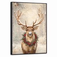 LEINWAND Bilder mit Rahmen - Weihnachten - Rentier - Winter - Kranz - 50x70 - Naturfarben, Textil (50/70cm) - MuchoWow